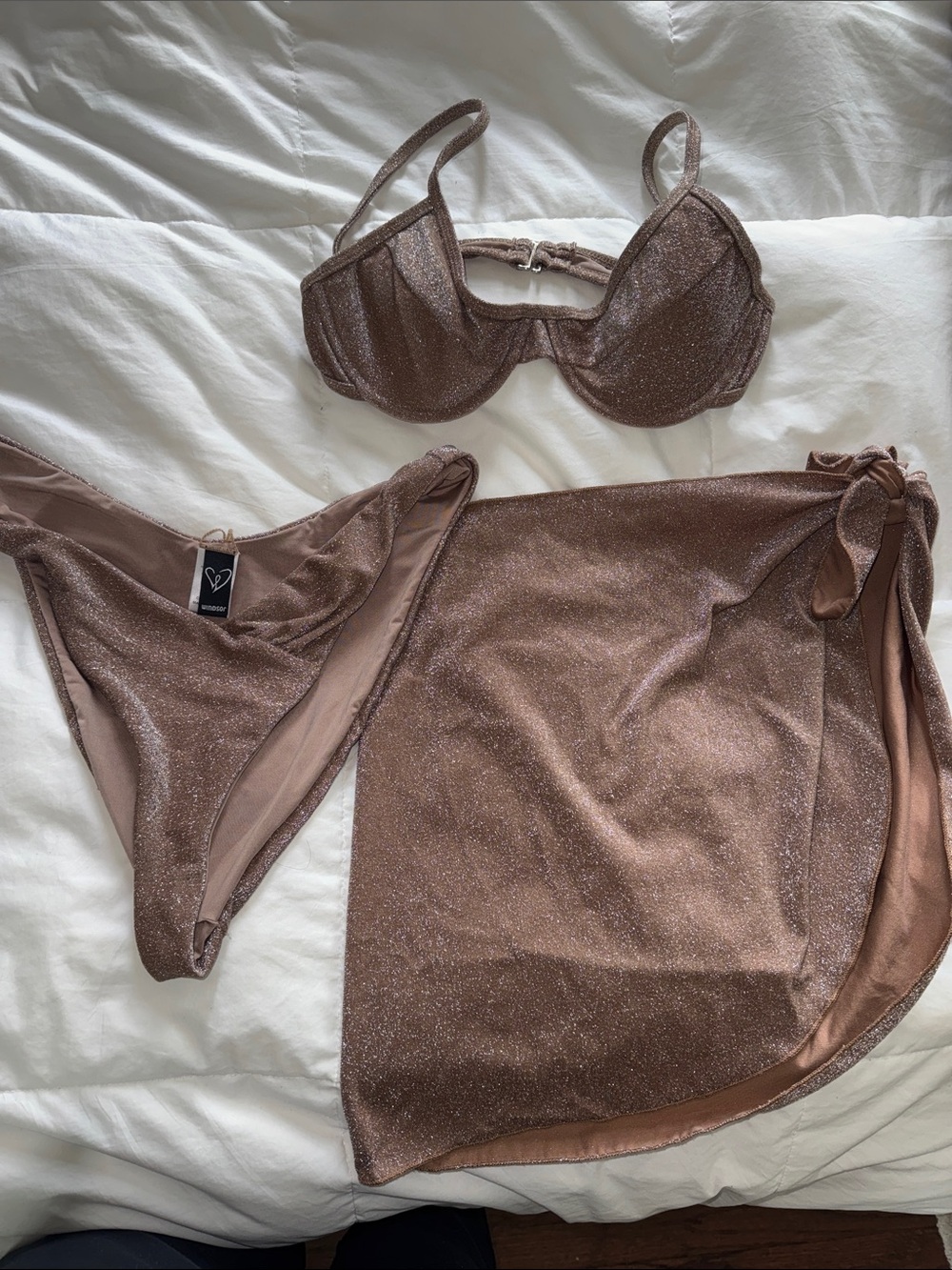 3 piece Sparkling Bronze Bikini Set with Wrap Skirt